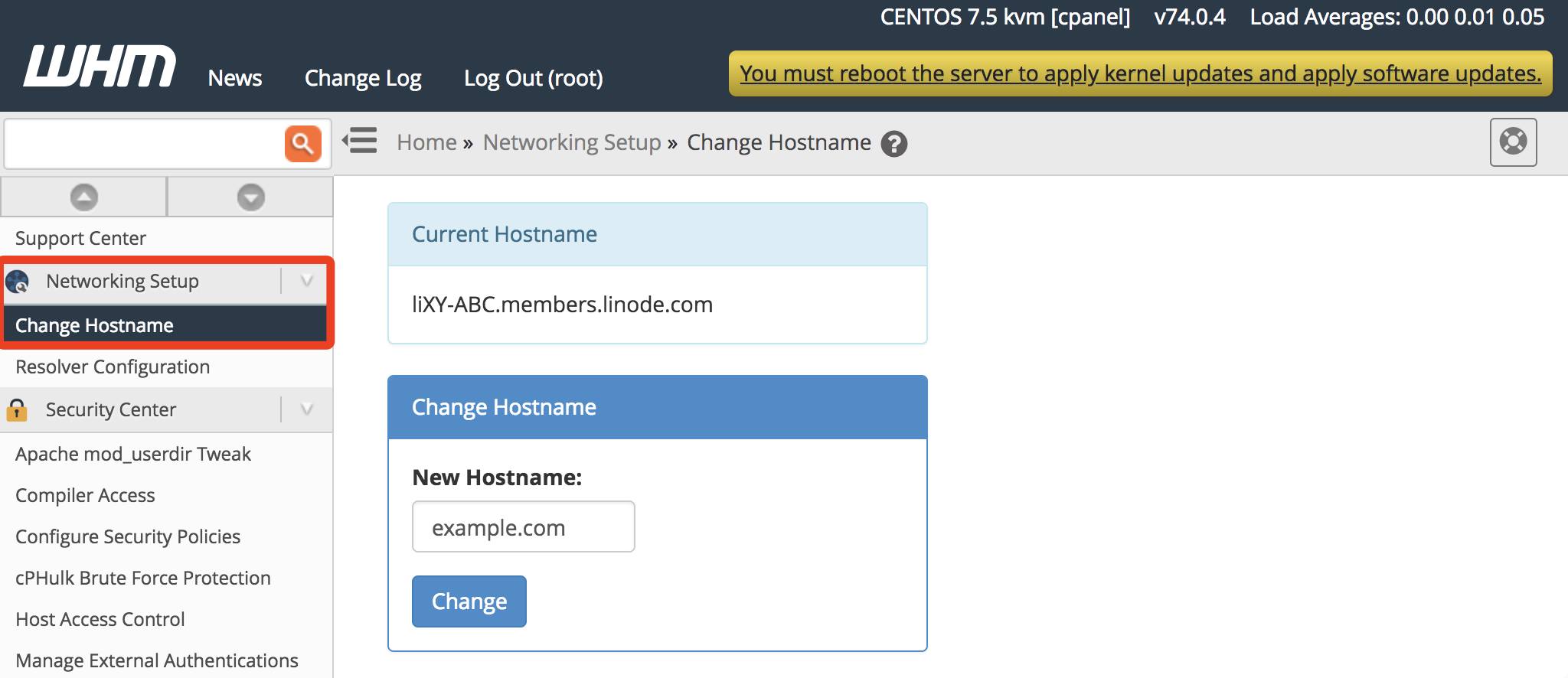 cPanel Change Hostname page